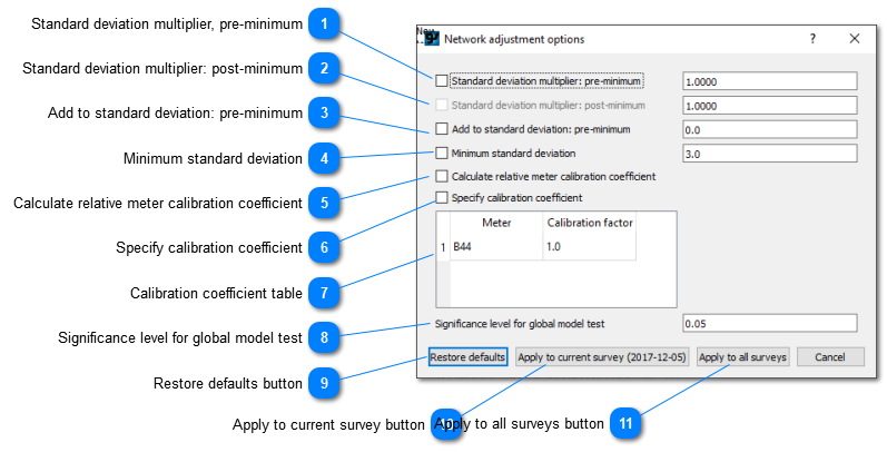 Network adjustment options dialog